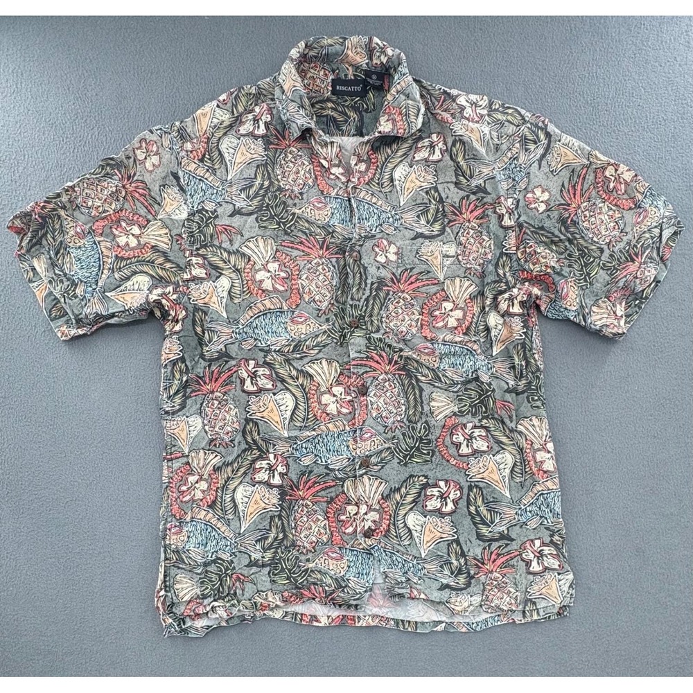 Riscatto Tropical Shirt M Grey Pineapple Fish Cupro S Sleeve Hawaiian Resortwear